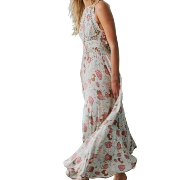 Jaase Endless Summer Blue Green Floral Halter Top Maxi Dress Cutout Back Size M - Picture 4 of 8